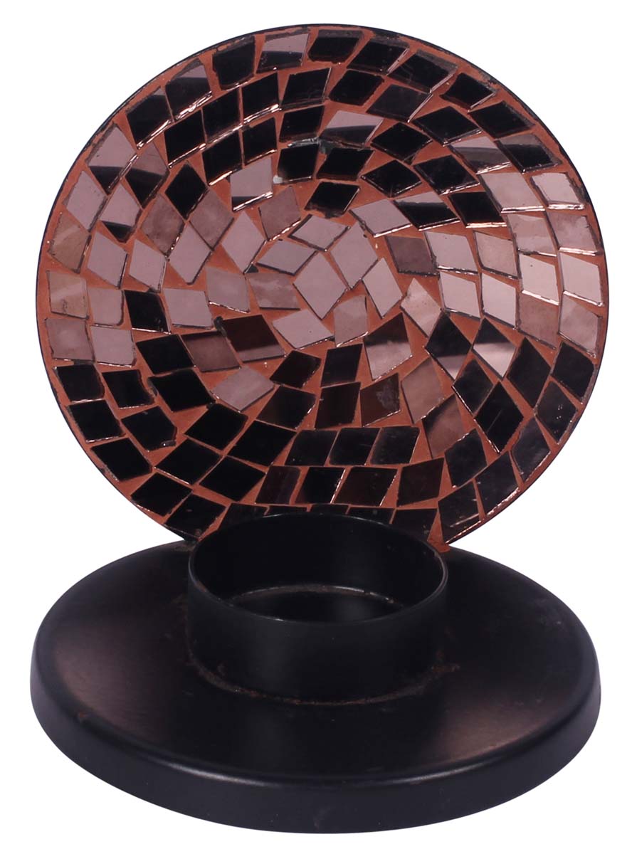 4” Sea-Shell Tea-Light Holder in Iron with Mirror-Work - Black & Copper Color - Mosaic Art Decor from India - Buy in Bulk Wholesale